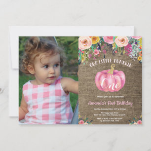 Invitación Calabaza de niña Cumpleaños número uno Floral Oro 