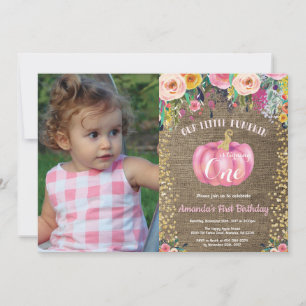 Invitación Calabaza de niña Cumpleaños número uno Floral Oro