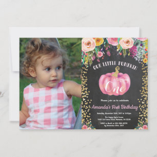 Invitación Calabaza de niña Cumpleaños número uno Floral Tiza