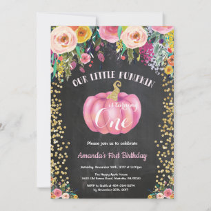 Invitación Calabaza de niña Cumpleaños número uno Floral Tiza