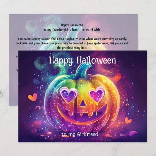 Invitación Calabaza de ojos de corazón con arcoíris 🌈🎃 (Anverso / Reverso)