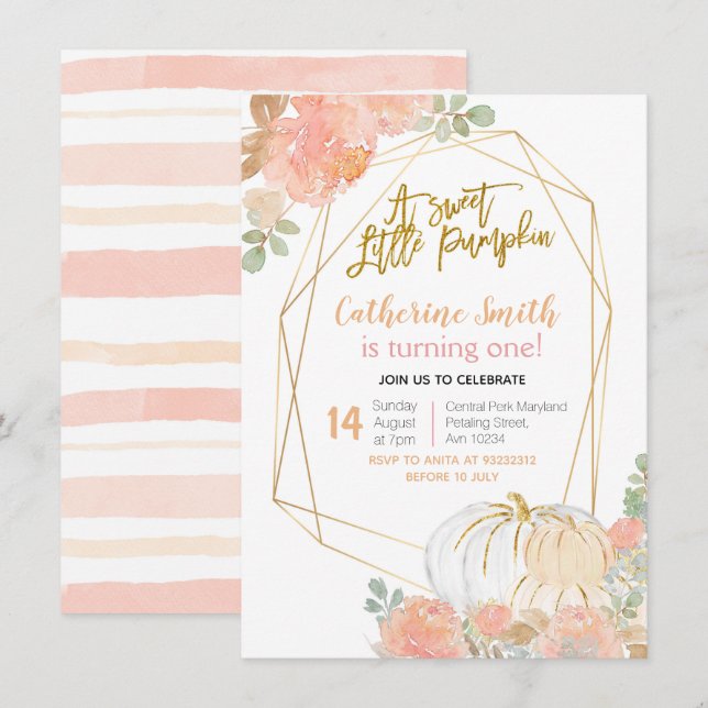 Invitación Calabaza de Oro Floral de Peach Primer Cumpleaños (Anverso / Reverso)