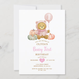 Invitación Calabaza De Oso Rosado Cae Antes Primer Cumpleaños