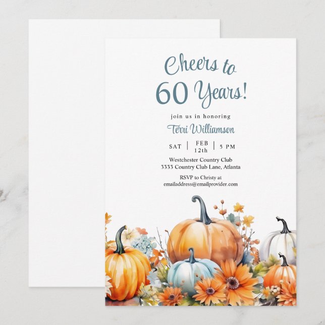 Invitación Calabaza de otoño 60º cumpleaños saludos a 60 años (Anverso / Reverso)