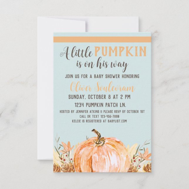 Invitación Calabaza de otoño Baby Shower Blue, (Anverso)