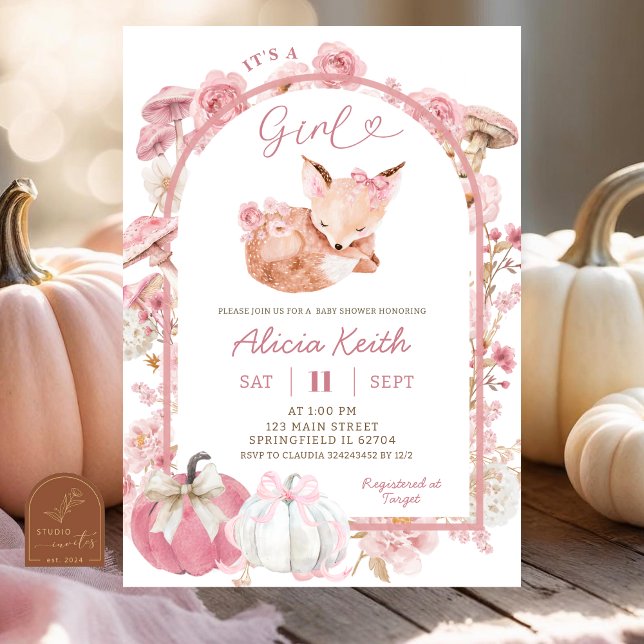 Invitación Calabaza de otoño blanco y rosado Chica Fox Baby S (Subido por el creador)
