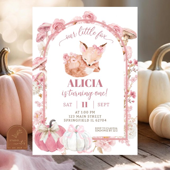 Invitación Calabaza de otoño blanco y rosado Chica Fox cumple (Subido por el creador)