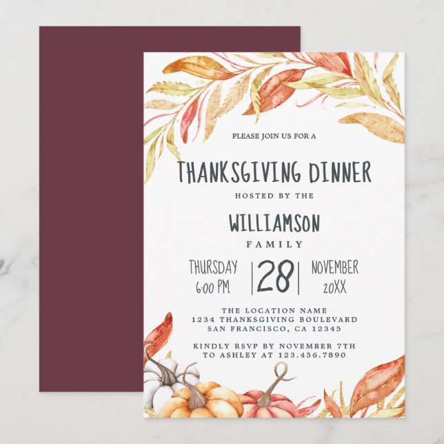 Invitación Calabaza de otoño Foliage de oro cena de Acción de (Anverso / Reverso)