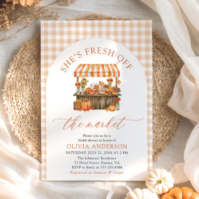 Invitación Calabaza de otoño recién retirada de la ducha de n (Arch Orange Gingham Fall Pumpkin Fresh Off the Market Bridal Shower Invitation)