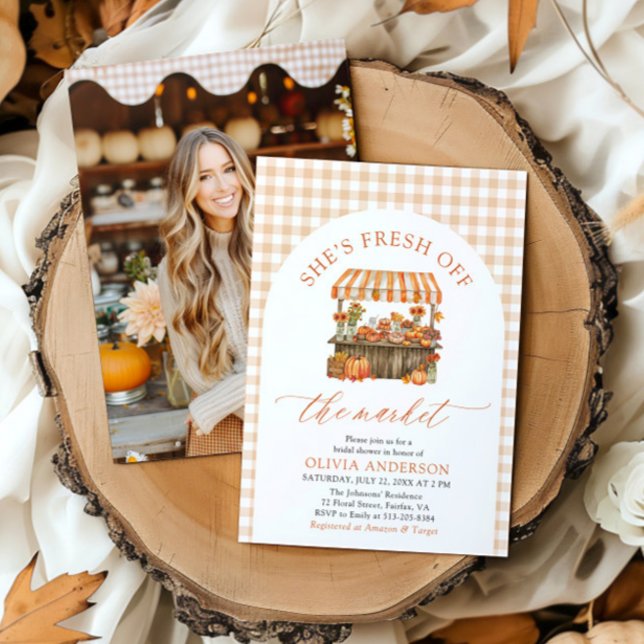 Invitación Calabaza de otoño recién retirada de la ducha de n (Arch Orange Gingham Fall Pumpkin Fresh Off the Market Bridal Shower Invitation)
