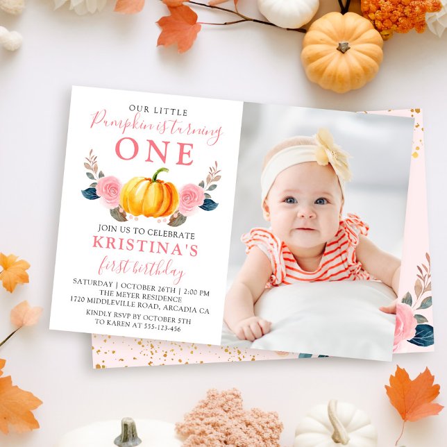 Invitación Calabaza de Otoño Rosa Floral Primer cumpleaños Fo (Subido por el creador)