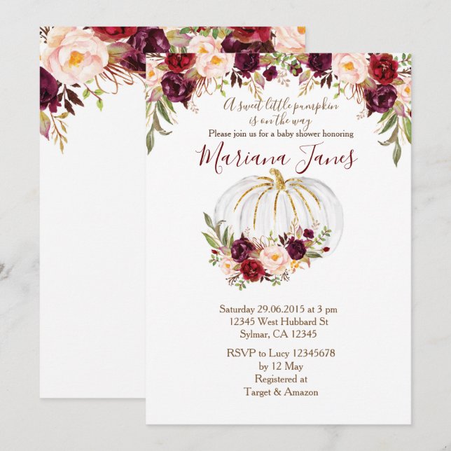 Invitación Calabaza de otoño y Baby Shower floral de Borgoña (Anverso / Reverso)
