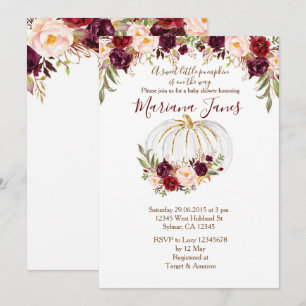 Invitación Calabaza de otoño y Baby Shower floral de Borgoña
