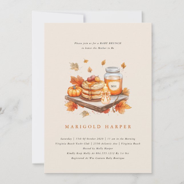 Invitación Calabaza de otoño y brunch de bebé panqueques (Anverso)