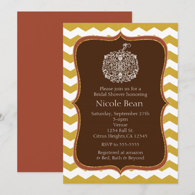 Invitación Calabaza de Otoño y Chevron de Oro Elegante Invita (Anverso / Reverso)