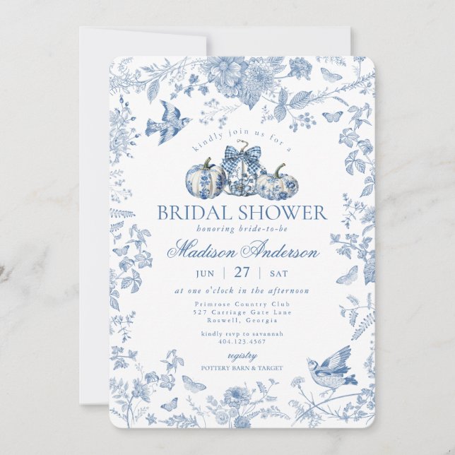 Invitación Calabaza de tela azul Caída Francesa Ducha de novi (Anverso)