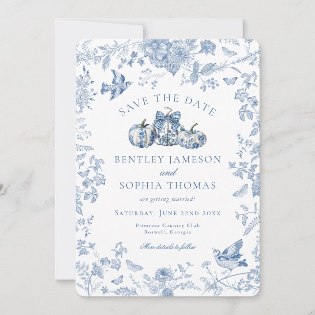 Invitación Calabaza de toile azul Cabaña francesa salva la fe (Anverso)