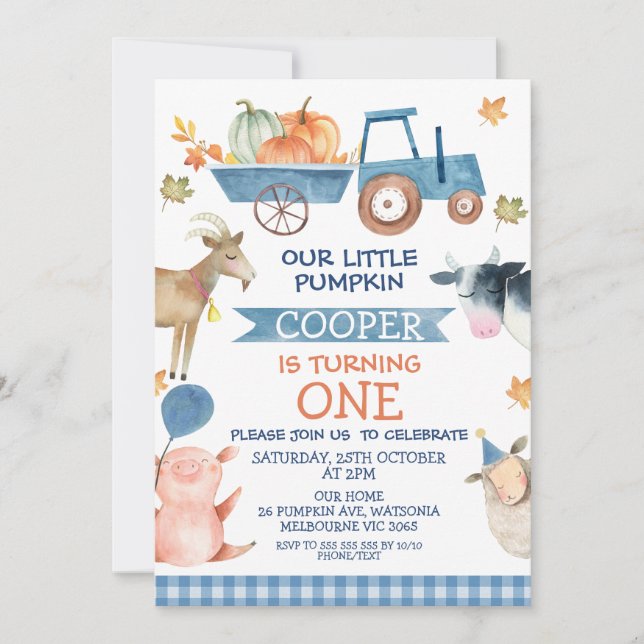 Invitación Calabaza De Tractor Azul Y Animales De Granja Prim (Anverso)