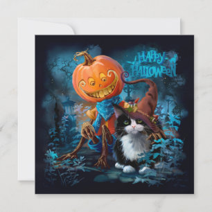 Invitación Calabaza divertida y gato en un sombrero mágico