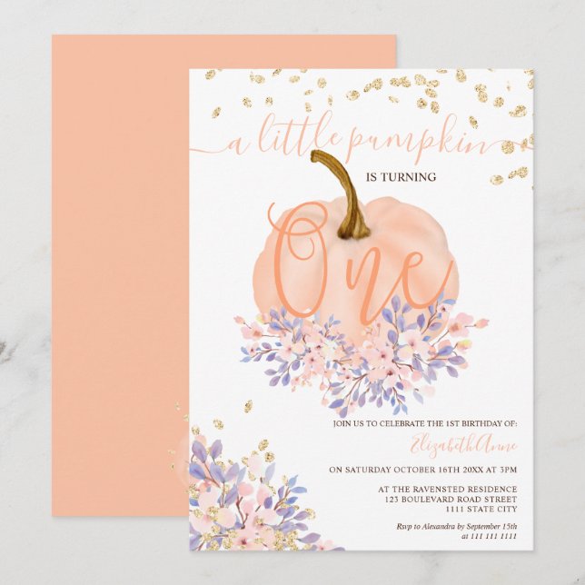 Invitación calabaza dorada floral acuarela primer cumpleaños (Anverso / Reverso)