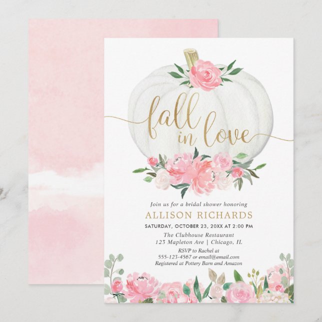 Invitación Calabaza dorada rosa caída en la ducha de novias d (Anverso / Reverso)