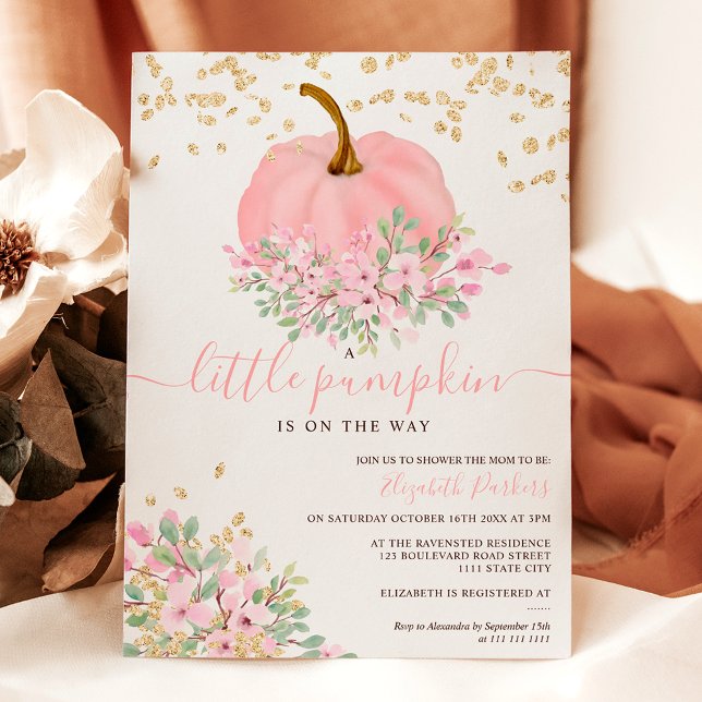 Invitación calabaza dorada rosa floral acuarela bebé ducha (gold pink floral pumpkin watercolor baby shower invitation)