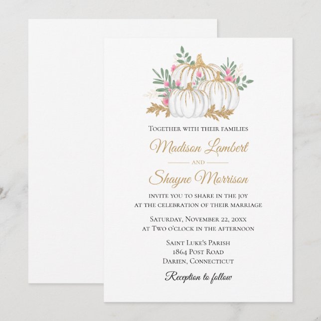 Invitación Calabaza dorada rosa Floral Elegante Boda otoño (Anverso / Reverso)
