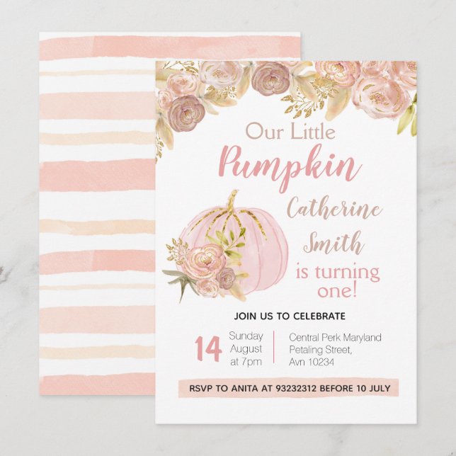 Invitación Calabaza dorada rosada Floral Primer cumpleaños (Anverso / Reverso)
