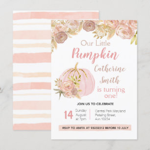 Invitación Calabaza dorada rosada Floral Primer cumpleaños