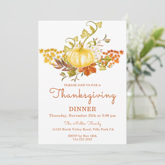 Invitación Calabaza dorada y hojas de otoño (Anverso de pie)