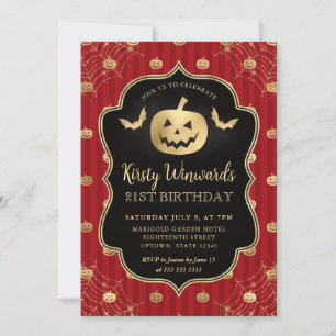 Invitación Calabaza dorada y rayas rojas Cumpleaños 21