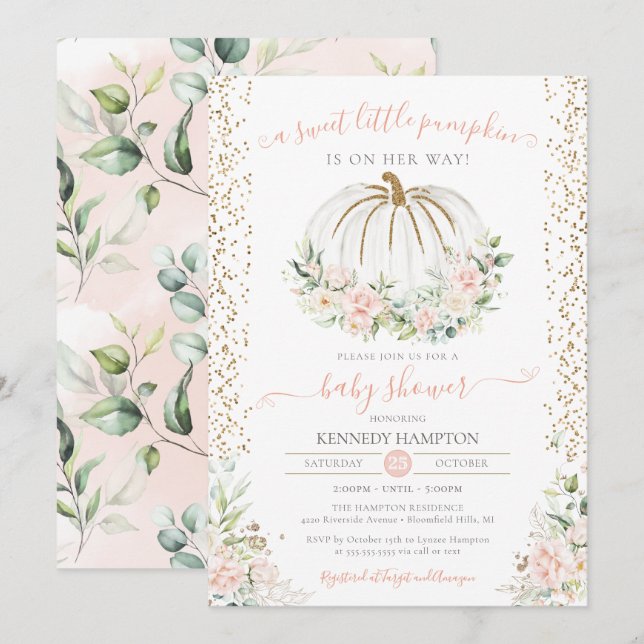 Invitación Calabaza dulce, Baby Shower rosa otoño (Anverso / Reverso)