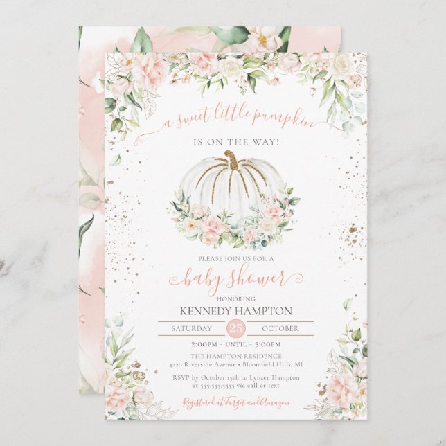 Invitación Calabaza dulce, Baby Shower rosa otoño (Anverso / Reverso)