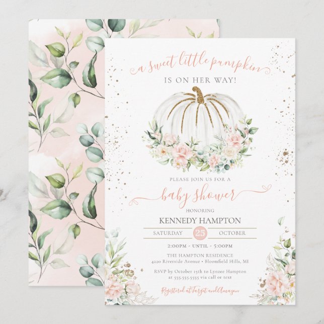 Invitación Calabaza dulce, Baby Shower rosa otoño (Anverso / Reverso)