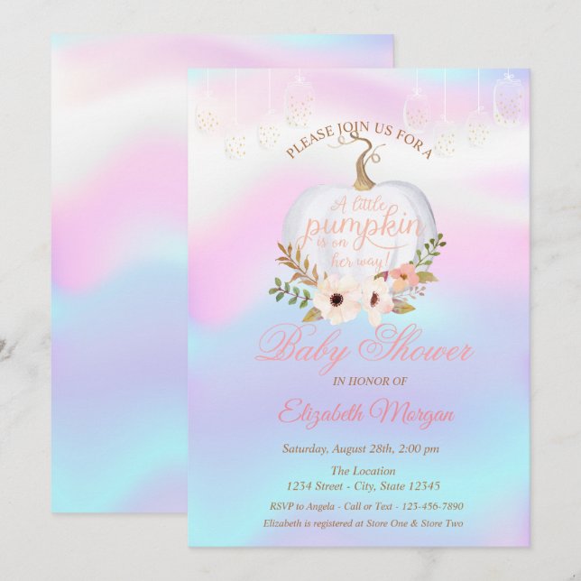 Invitación Calabaza elegante,Baby Shower holográfico floral (Anverso / Reverso)