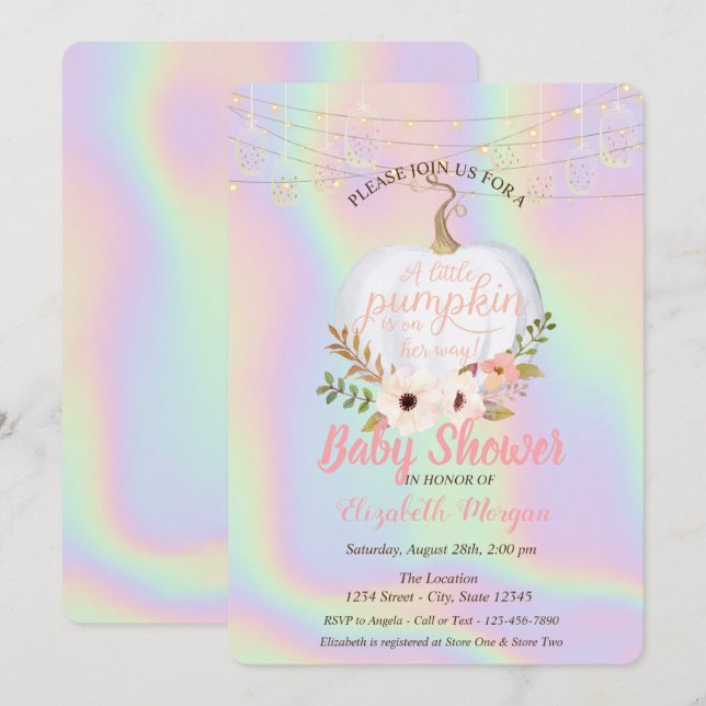 Invitación Calabaza elegante, Baby Shower holográfico floral (Anverso / Reverso)
