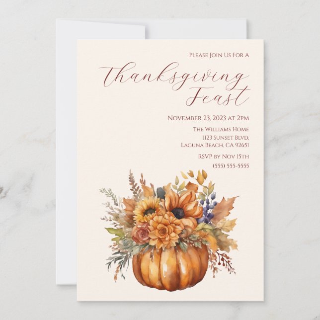 Invitación Calabaza elegante de Acción de Gracias con flores- (Anverso)