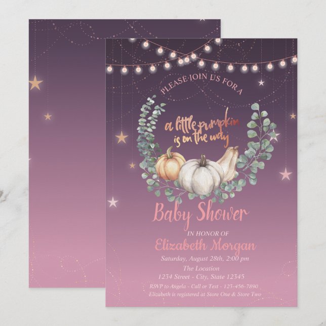 Invitación Calabaza elegante, floral, Baby Shower de las luce (Anverso / Reverso)