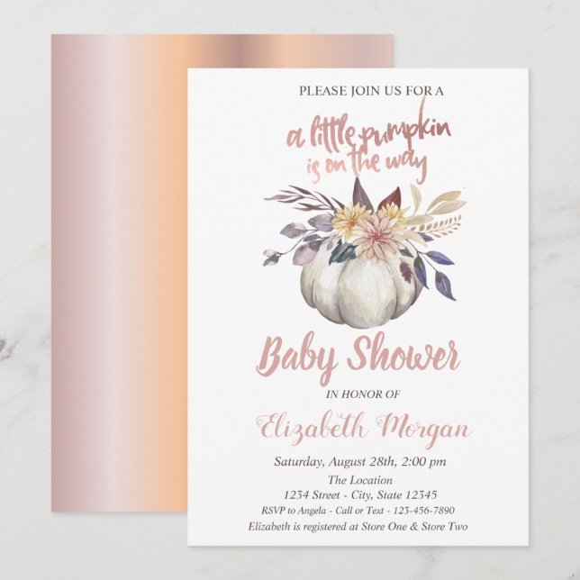 Invitación Calabaza elegante, flores Subió Baby Shower dorado (Anverso / Reverso)