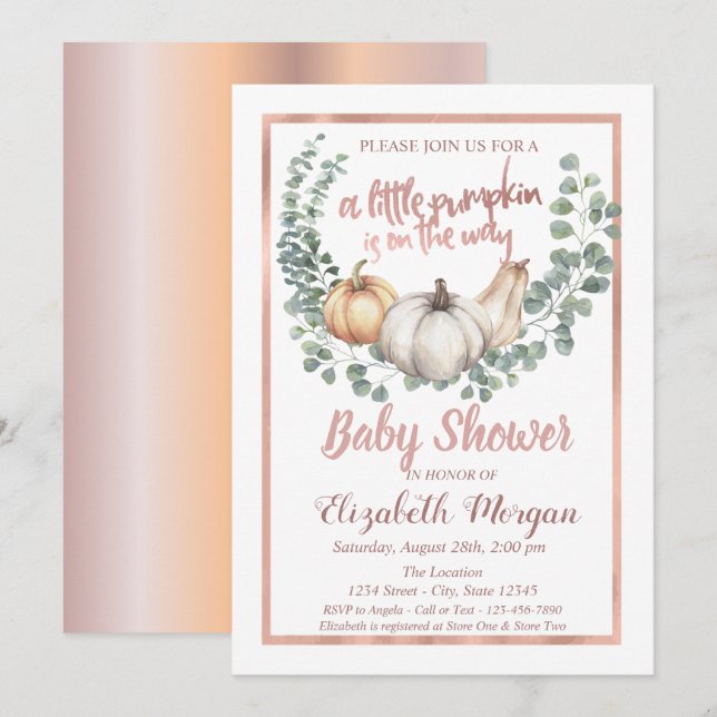 Invitación Calabaza elegante, hojas,Baby Shower de Rosa de ma (Anverso / Reverso)