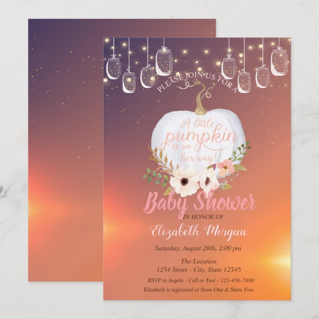 Invitación Calabaza elegante, luces, Baby Shower de textura f (Anverso / Reverso)