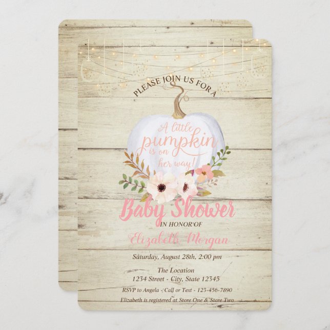 Invitación Calabaza elegante, textura de madera, Baby Shower  (Anverso / Reverso)