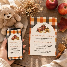 Invitación Calabaza en camino otoño naranja cuadros Baby Show