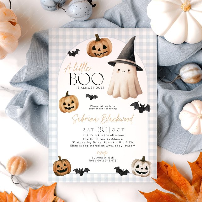 Invitación Calabaza fantasma azul de Little Boo Baby Shower (A little Boo is almost due! Blue halloween themed baby shower invitation with ghost and pumpkins)