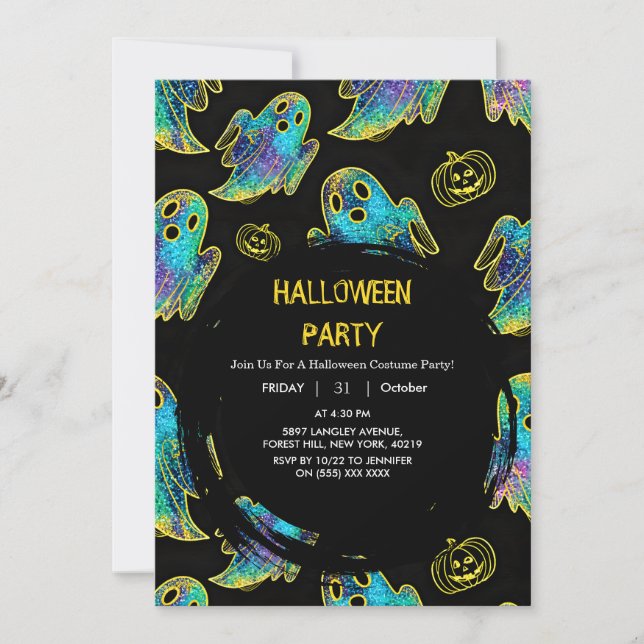 Invitación Calabaza Fantasma de Halloween con Brillo Falso Ne (Anverso)