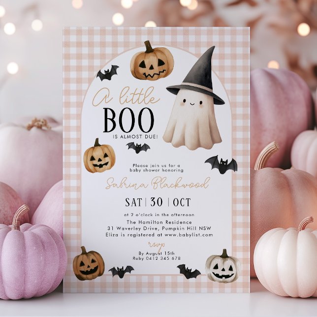 Invitación Calabaza fantasma de pequeño Naranja de Baby Showe (A little Boo is almost due! Orange halloween themed baby shower invitation with ghost and pumpkins)