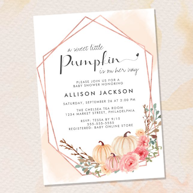 Invitación Calabaza Flor Acuarela Bebé Chica Ducha (Celebrate the upcoming arrival of your sweet little autumn baby with a pumpkin-themed baby shower)