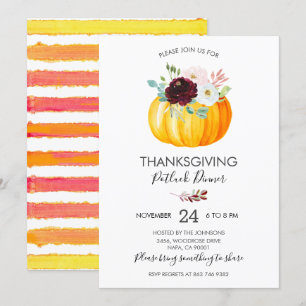 Invitación Calabaza floral Acción de Gracias Potluck Dinner
