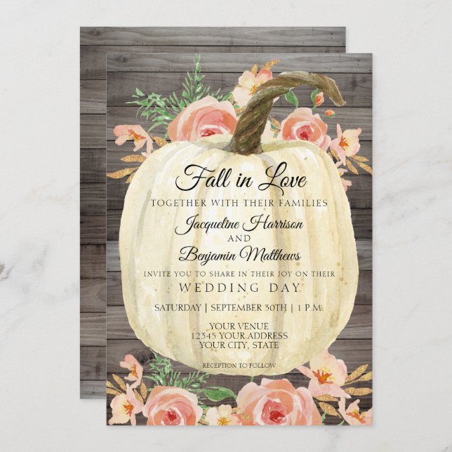 Invitación Calabaza Floral Acuarela Rústica Madera Coral Melo (Anverso / Reverso)