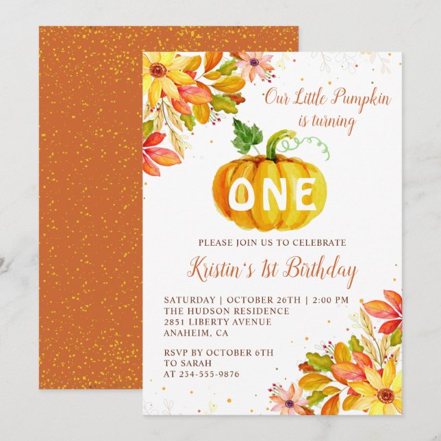 Invitación Calabaza floral acuática otoño cumpleaños (Anverso / Reverso)